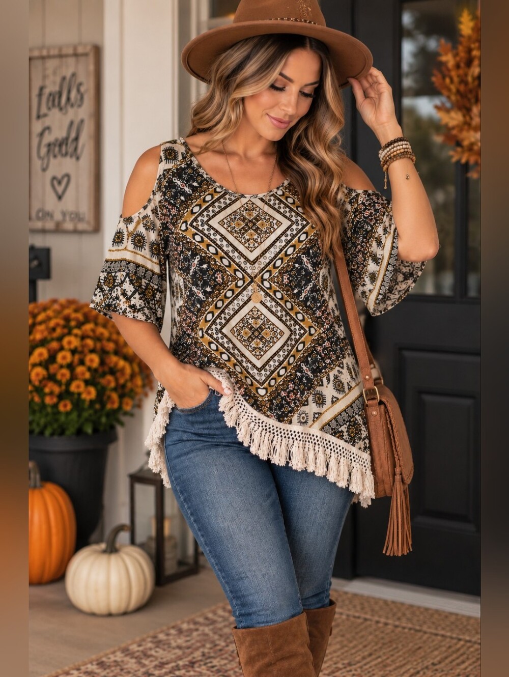 Koret Medium Boho Geometric Cold Shoulder Fringe Poncho Top